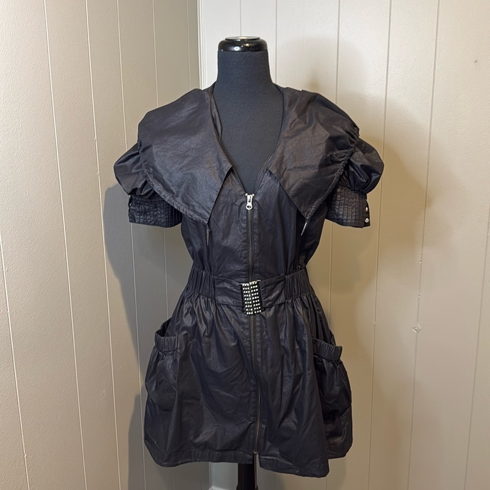 RVD Women’s 40/12 Mini Dress Top Large Cowl Faux Belt Puff Sleeve Zip Up